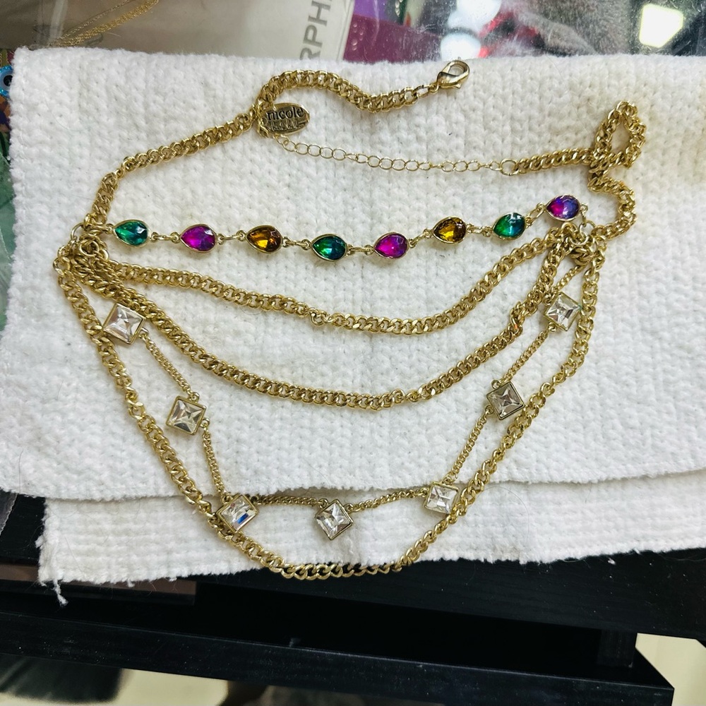 Nicole Miller Gold Multi-Strand Necklace with Green, Purple and Amber Stones